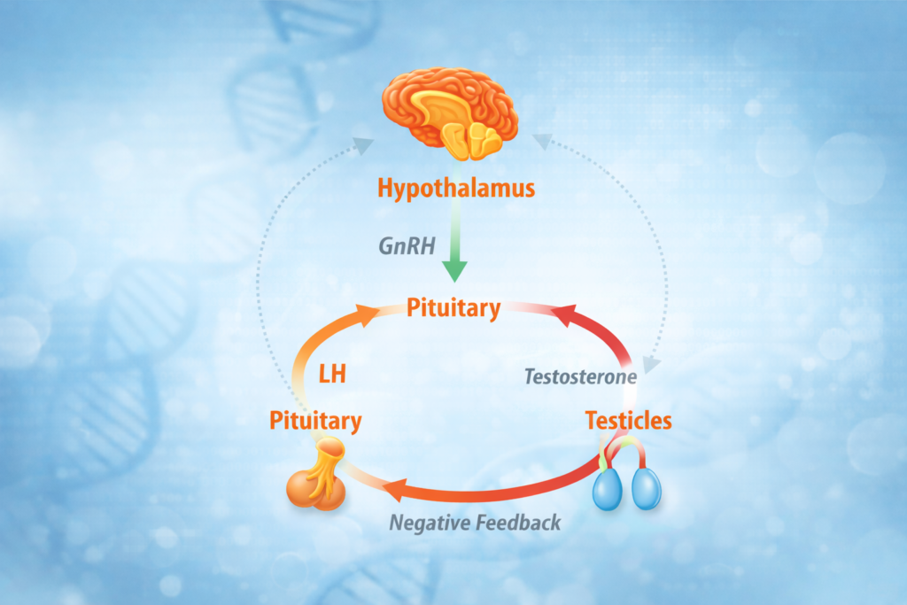 Diagram of the hypothalamic-pituitary-testicular axis regulating testosterone production in men