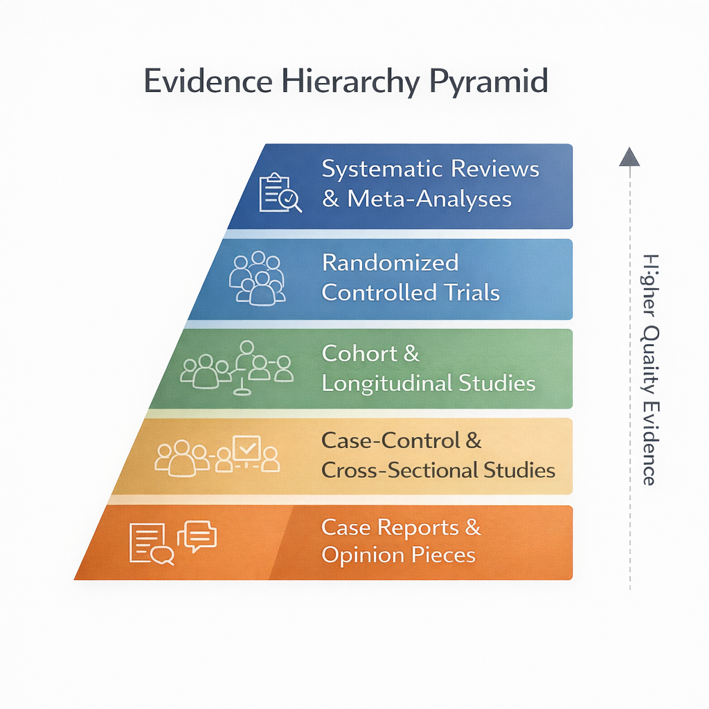 medical evidence hierarchy pyramid showing levels from case reports to systematic reviews and meta-analyses