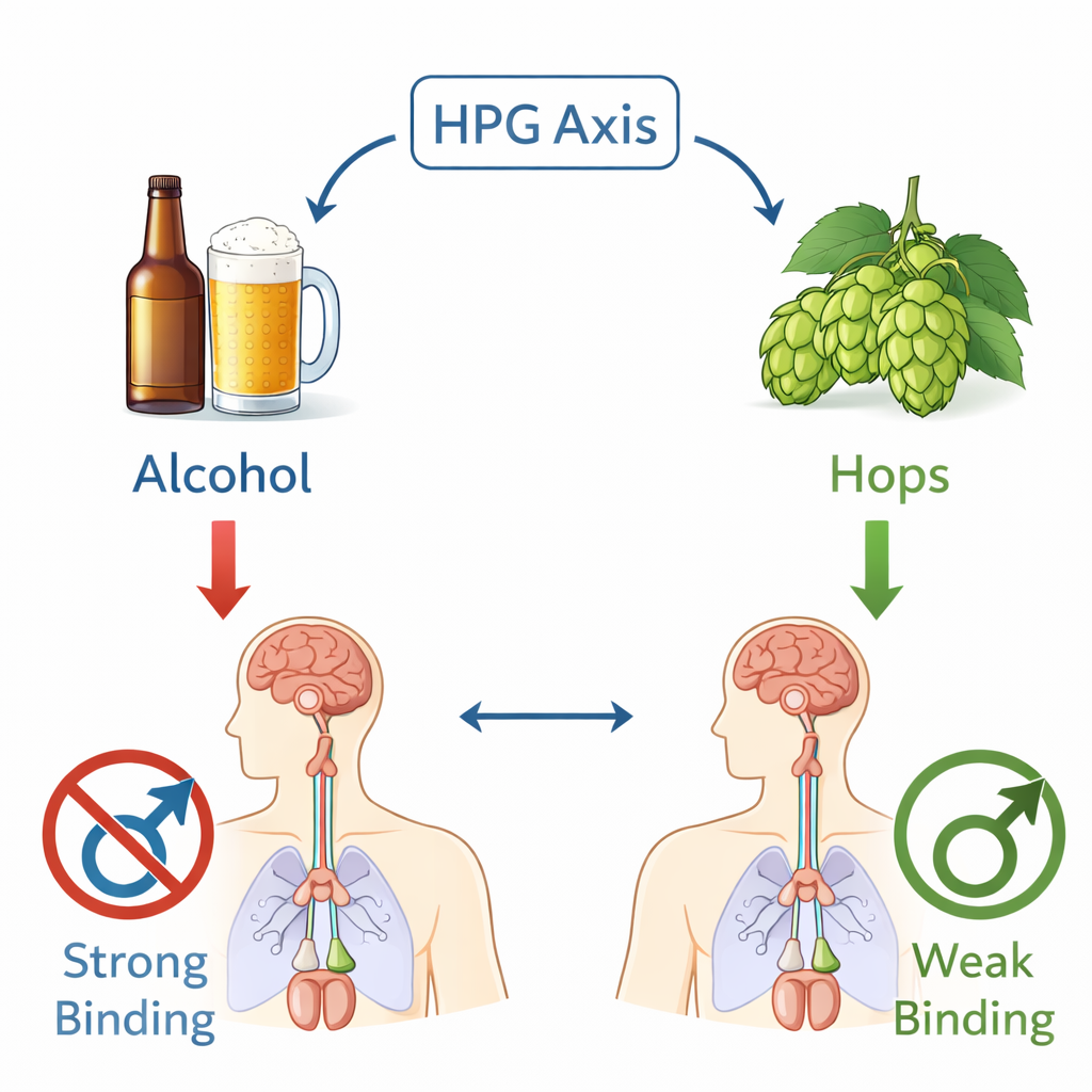 Figure comparing alcohol and hops impact on testosterone levels and the hypothalamic-pituitary-testicular axis