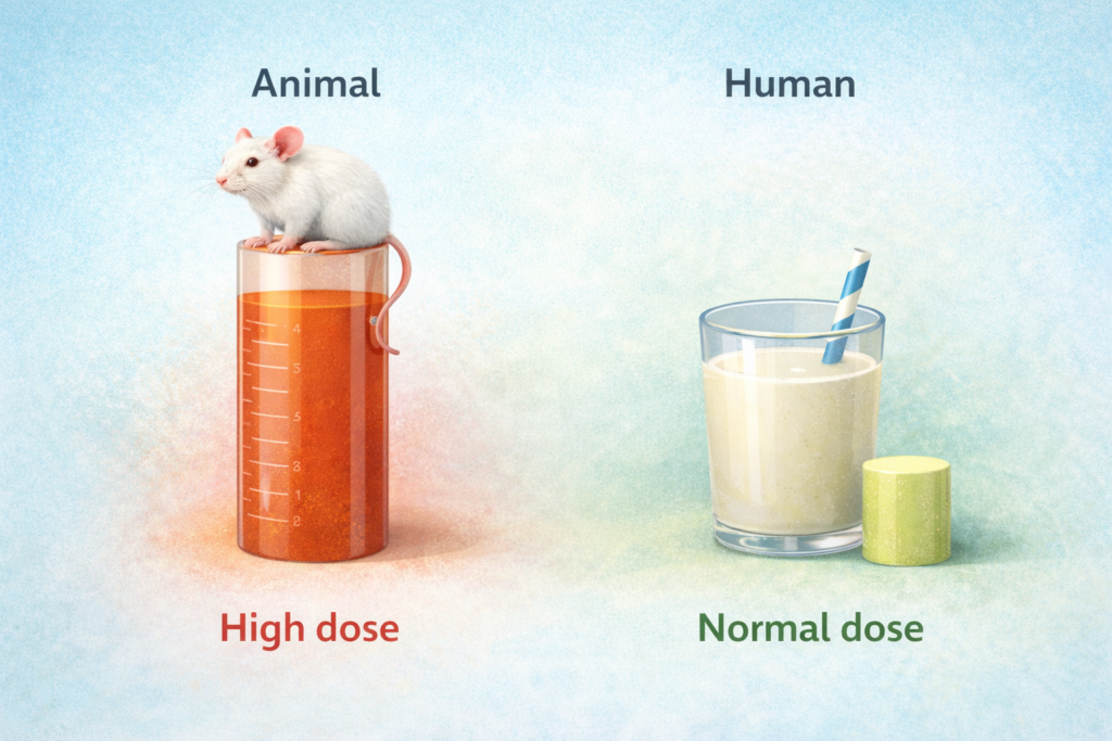 Visual comparison showing the difference between high isoflavone doses used in animal studies and normal human dietary soy intake levels.