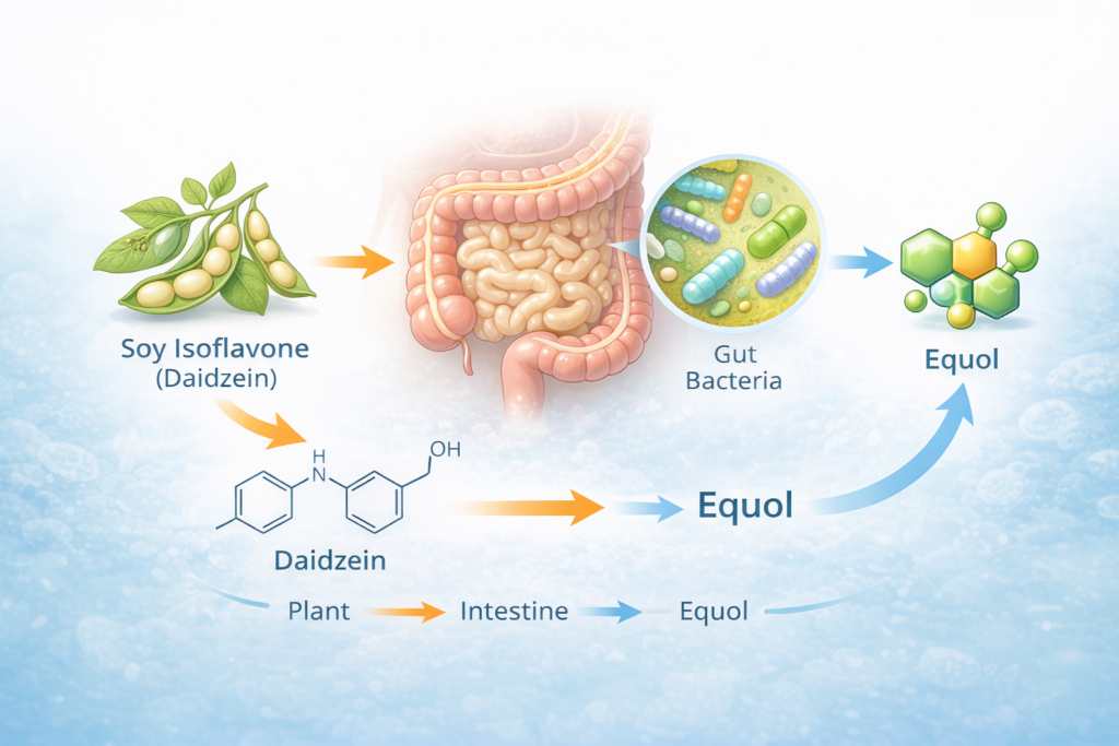 diagram showing gut bacteria converting daidzein into equol in the human intestine