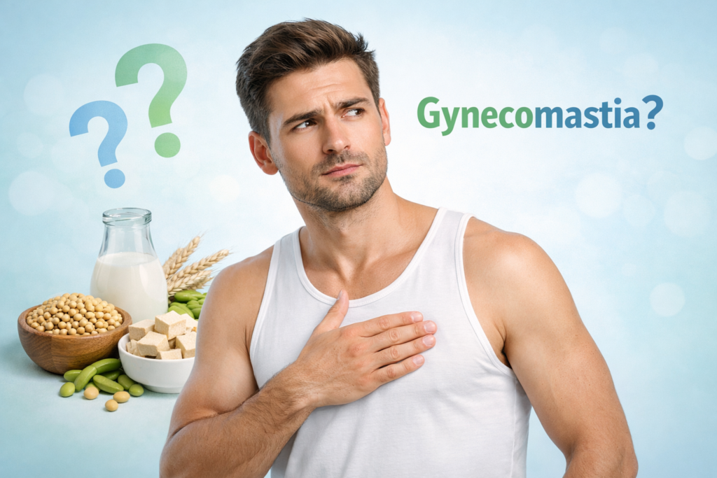 soy foods and male chest illustration representing gynecomastia concern related to soy intake