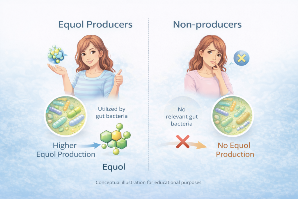 comparison infographic showing equol producer versus non-producer gut microbiome metabolism