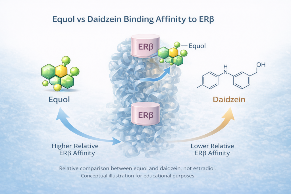 comparison diagram of equol and daidzein binding affinity to estrogen receptor beta ERβ
