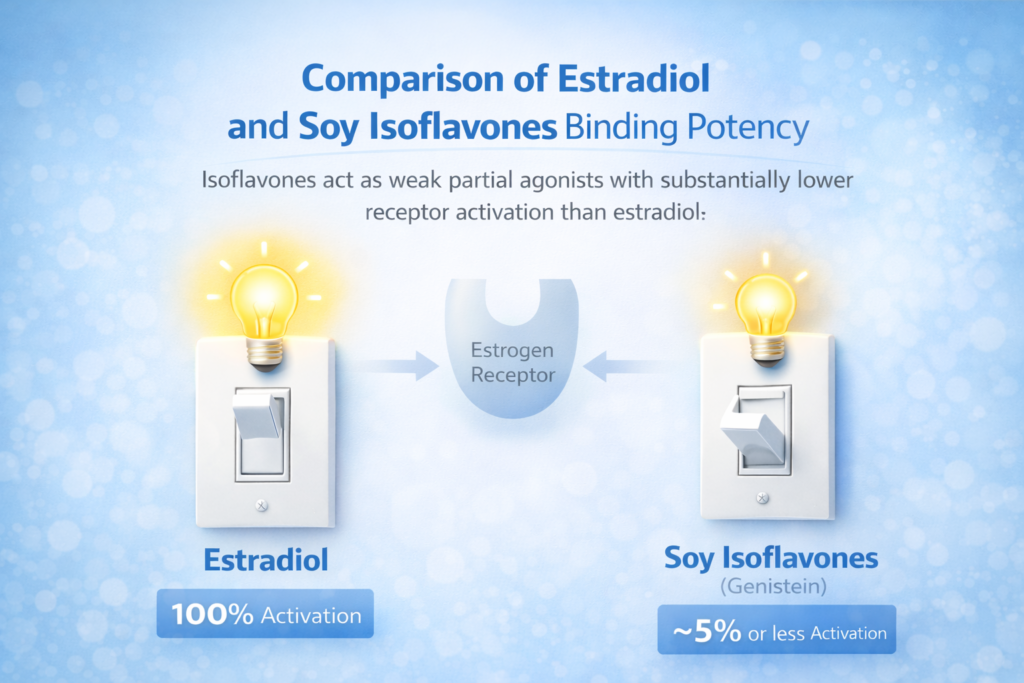 comparison between estradiol and genistein receptor binding potency showing weaker partial agonist activity