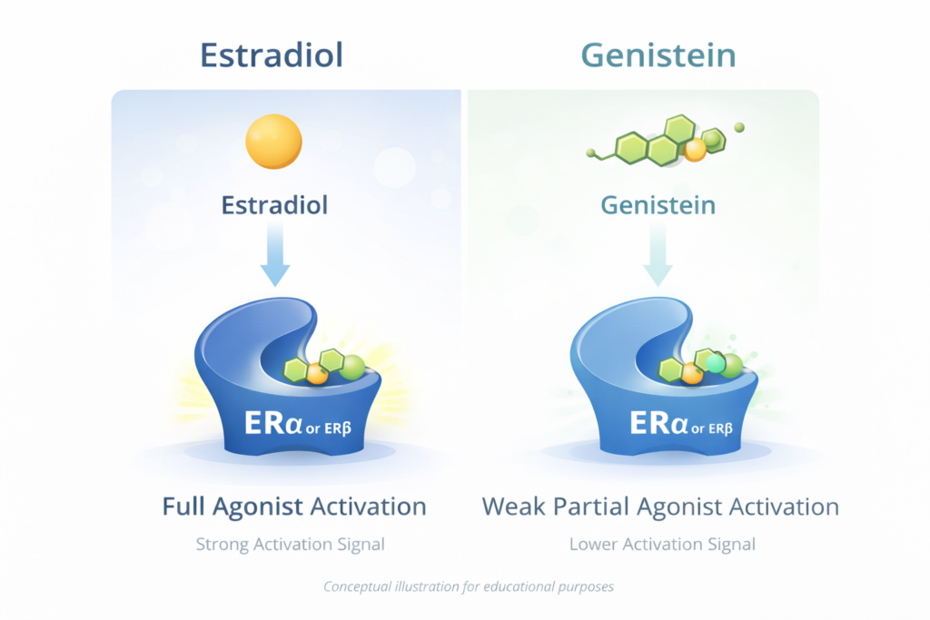 visual comparison of full agonist estradiol activation versus weak partial agonist phytoestrogen effect