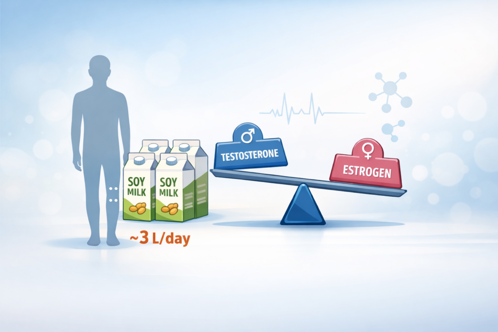 illustration showing extreme soy milk consumption of 3 liters per day compared to normal intake and hormonal balance