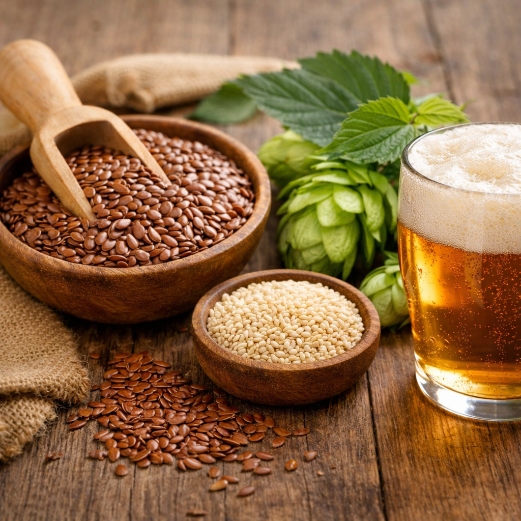 Figure showing flaxseed, sesame seeds, and hops as natural dietary sources of phytoestrogens linked to male hormone discussions