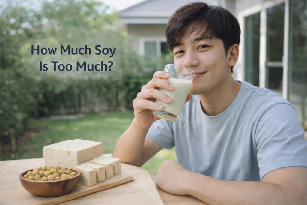Healthy adult male holding soy milk with tofu and soybeans, representing typical daily soy consumption and safety concerns about isoflavone intake.