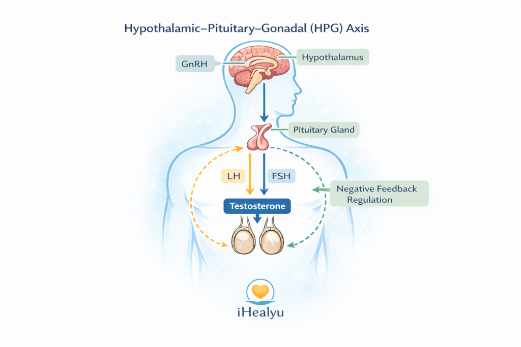 Simplified diagram of the HPG axis showing hypothalamus, pituitary gland, and testes regulating testosterone