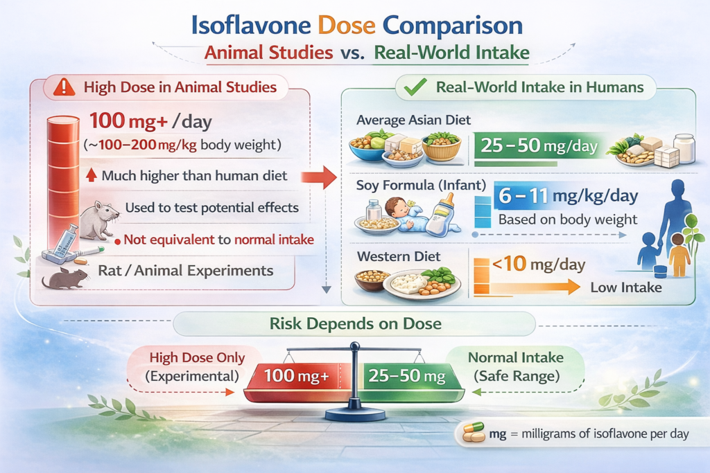 Comparison of high experimental isoflavone doses in animal studies versus typical human dietary intake levels.
