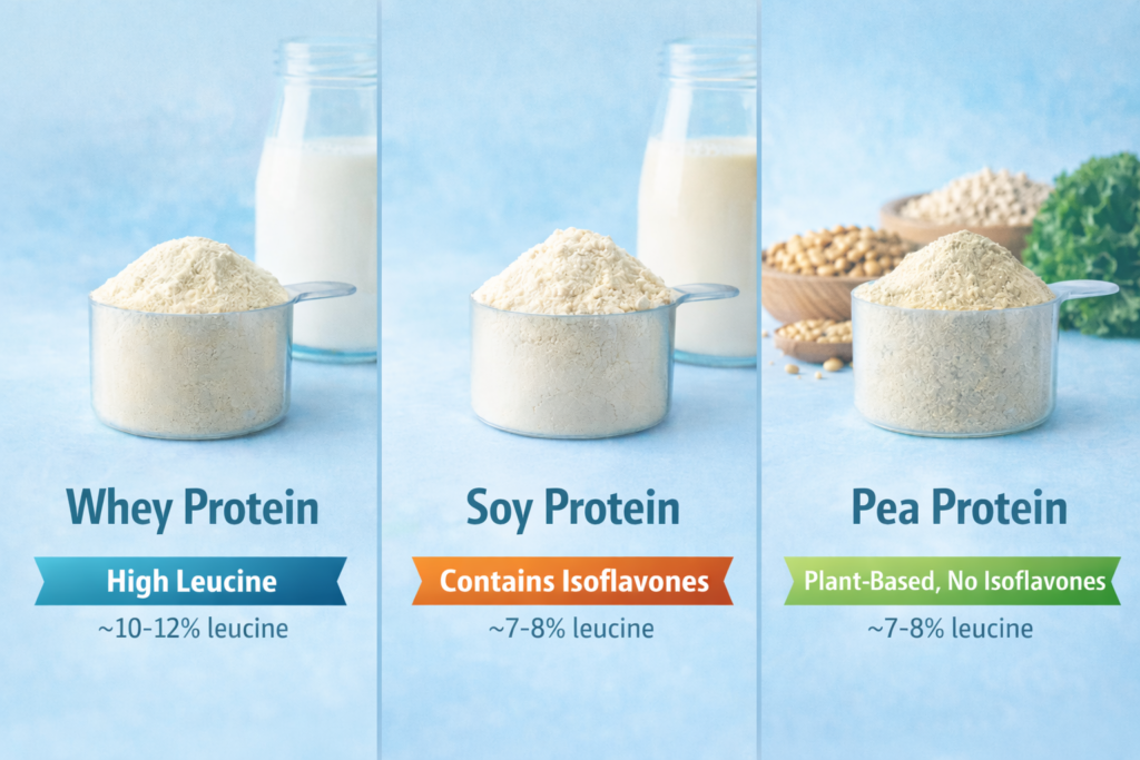 Comparison chart of leucine content in whey, soy, and pea protein