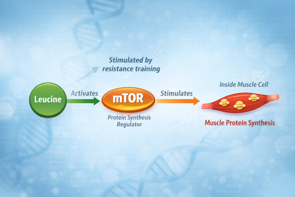 Simplified diagram of mTOR activation and muscle protein synthesis pathway