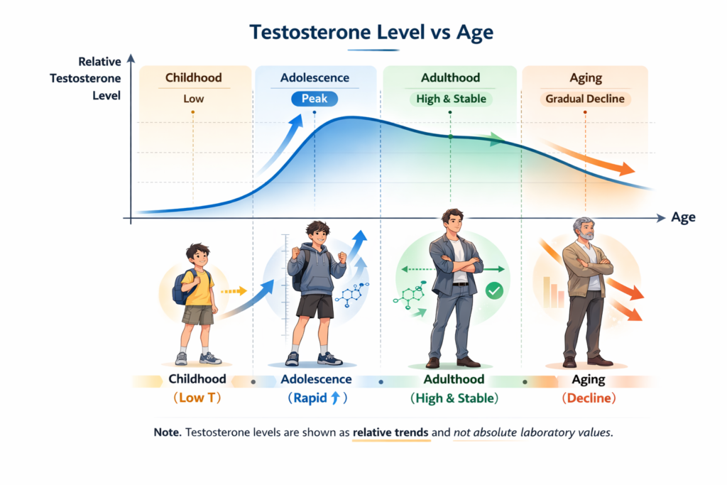 Figure showing testosterone levels across childhood, adolescence, adulthood, and aging in males