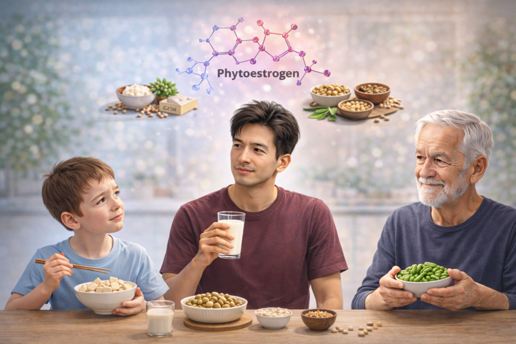 Asian boy, adult man, and elderly man sitting together at a dining table eating soy foods with a phytoestrogen molecule symbol above them, illustrating the question of whether soy affects males differently across age groups.