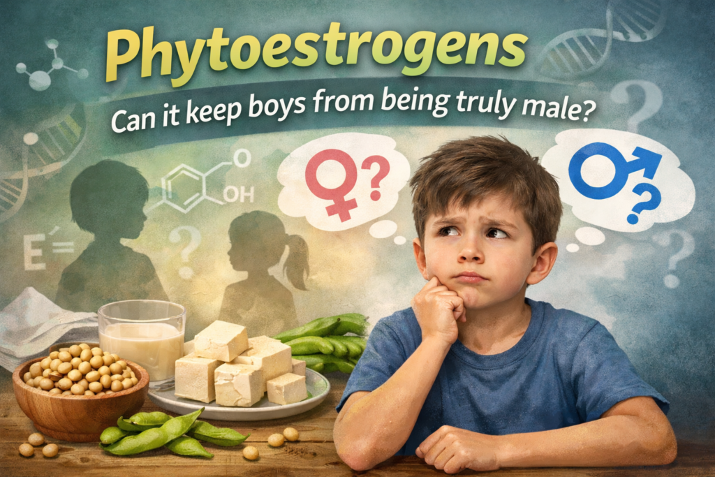 Illustration of a confused young boy thinking about soy foods and phytoestrogens, representing the question of whether phytoestrogen affects male development.