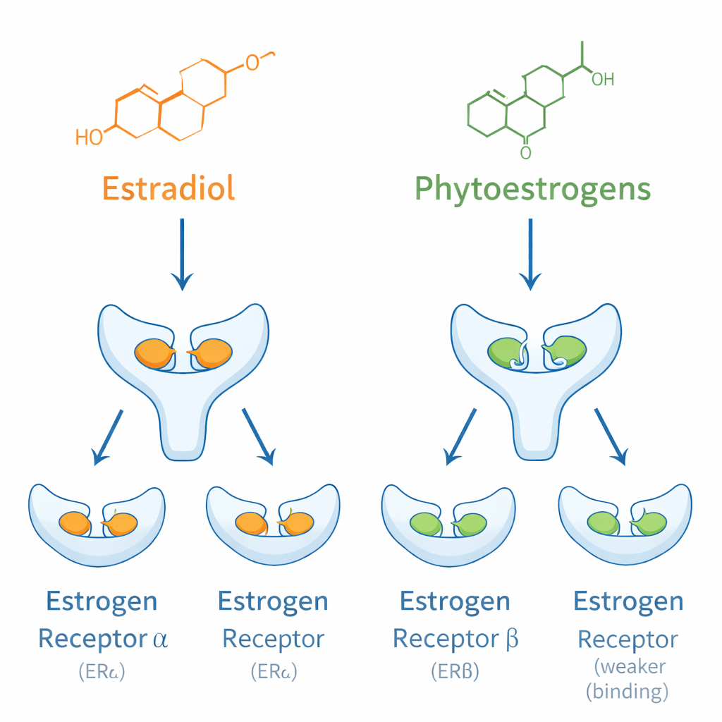 Figure illustrating phytoestrogen molecules binding to estrogen receptors at the cellular and molecular level