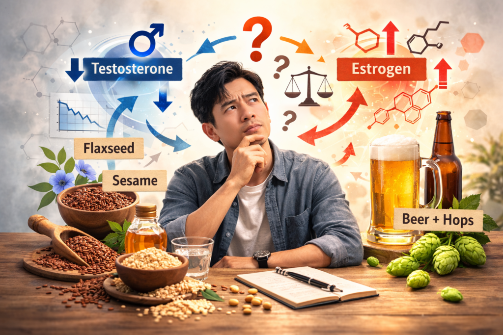 Illustration of a young Asian man thinking about flaxseeds, sesame seeds, beer, and hops with symbols representing testosterone and estrogen, raising the question of whether these foods affect male hormones.