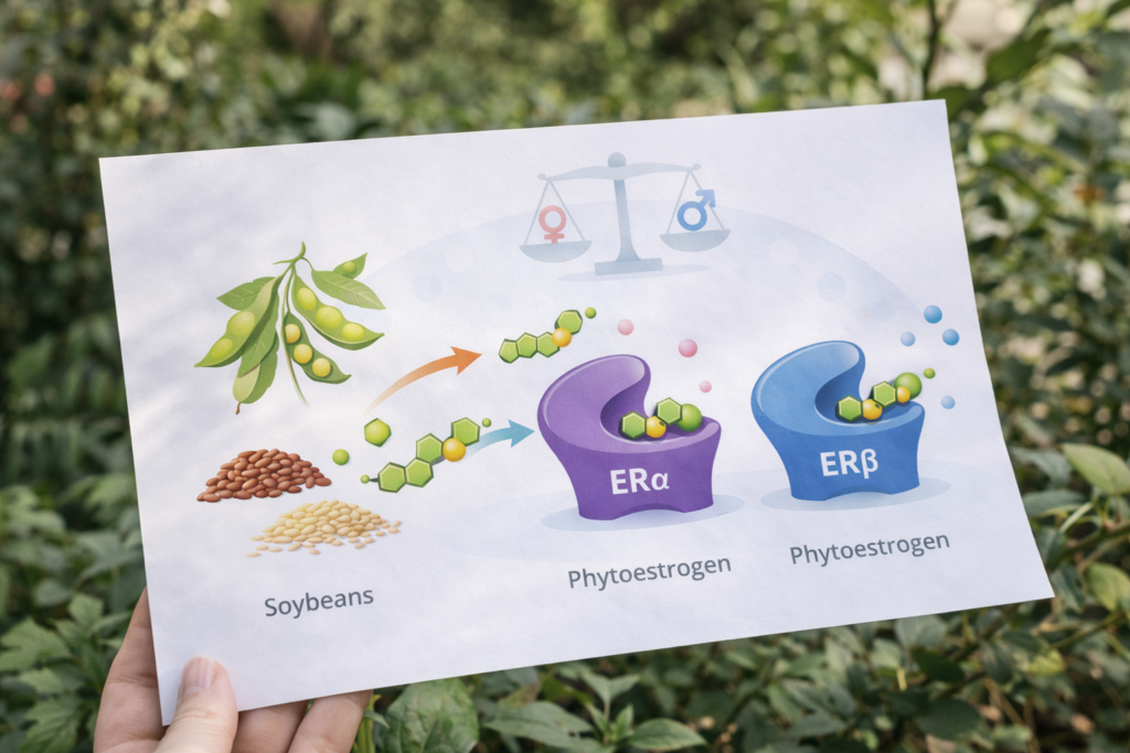 diagram showing plant-derived phytoestrogen molecules binding to estrogen receptors ER alpha and ER beta