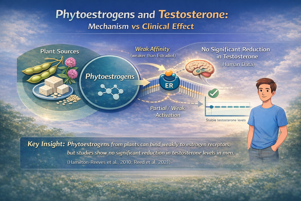 Diagram showing weak binding of phytoestrogens to estrogen receptors and no significant reduction in testosterone in men.