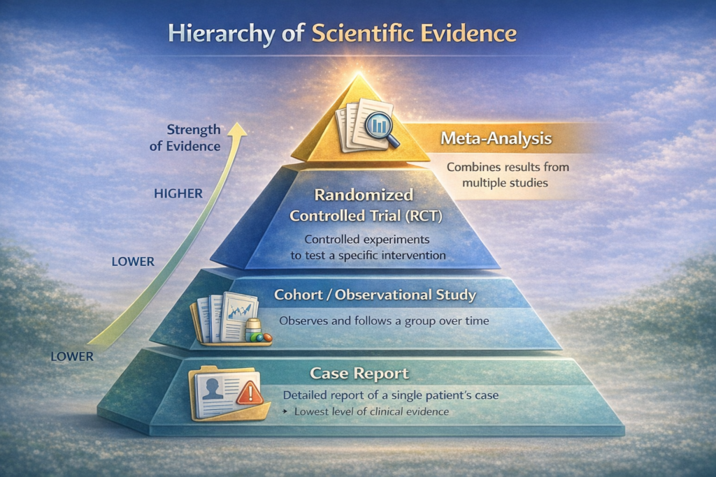 Pyramid showing hierarchy of scientific evidence from meta-analysis at the top to case report at the bottom.
