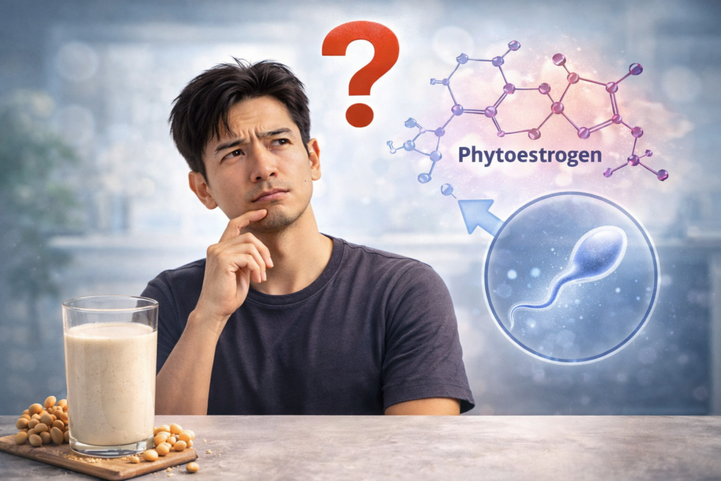 Illustration of a young Asian man thinking about soy consumption, with symbols of phytoestrogens and sperm, raising the question of whether soy affects male fertility.