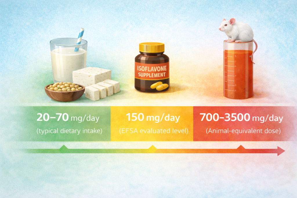 Infographic comparing typical dietary isoflavone intake (20–70 mg/day), EFSA evaluated level (≤150 mg/day), and higher animal-equivalent doses.