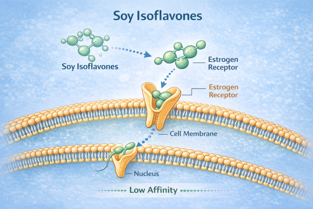 Illustration of soy isoflavones binding to estrogen receptors at low affinity