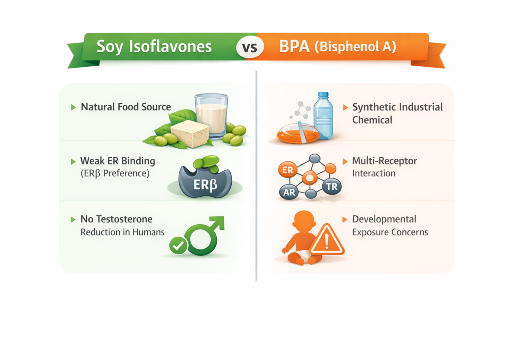 Infographic comparing soy isoflavones and BPA by source, mechanism of action, and human evidence