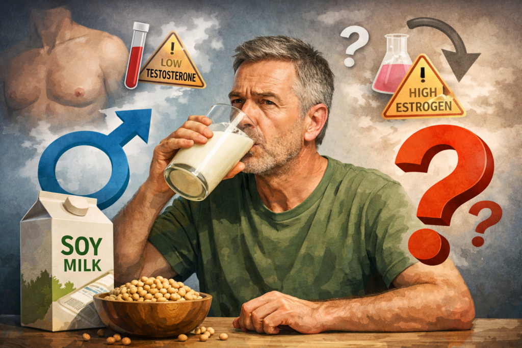 Illustration of a man drinking large amounts of soy milk with symbols suggesting low testosterone and high estrogen, representing the question of whether drinking about 3 liters of soy milk per day can affect male hormones.