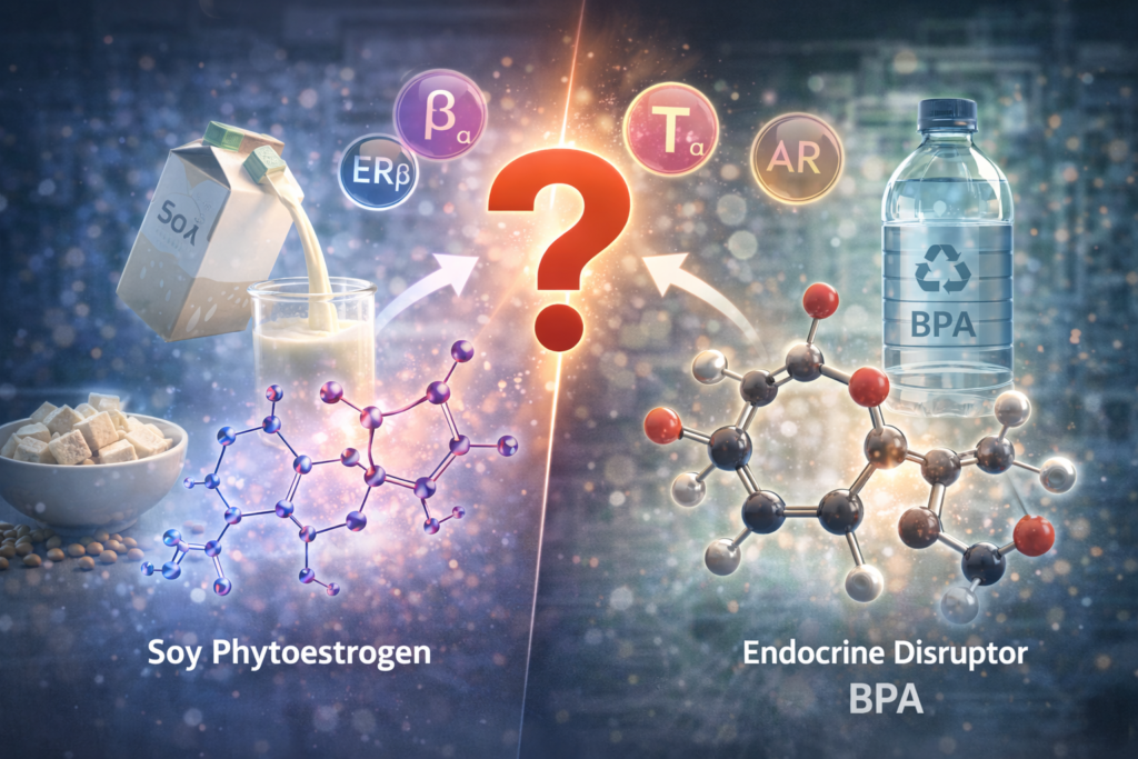 Comparison illustration showing soy foods and phytoestrogen molecules on one side and BPA plastic endocrine disruptor molecules on the other, representing the question of whether soy phytoestrogens act like endocrine disruptors.