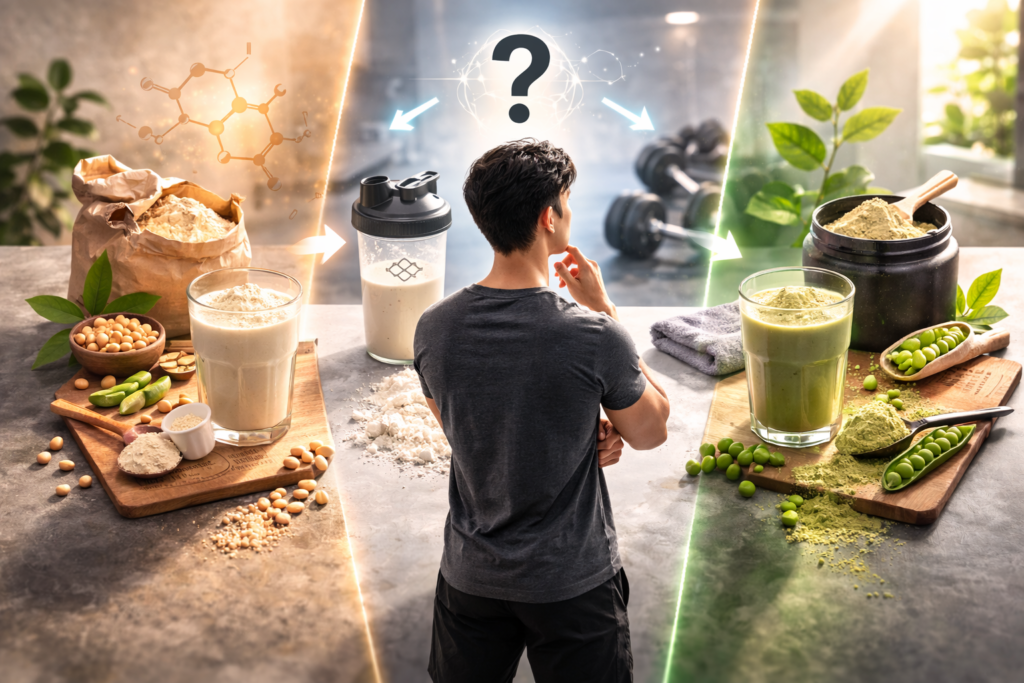 Illustration of a young Asian man comparing soy protein, whey protein, and pea protein powders while questioning which protein source is best and whether they affect male hormones.