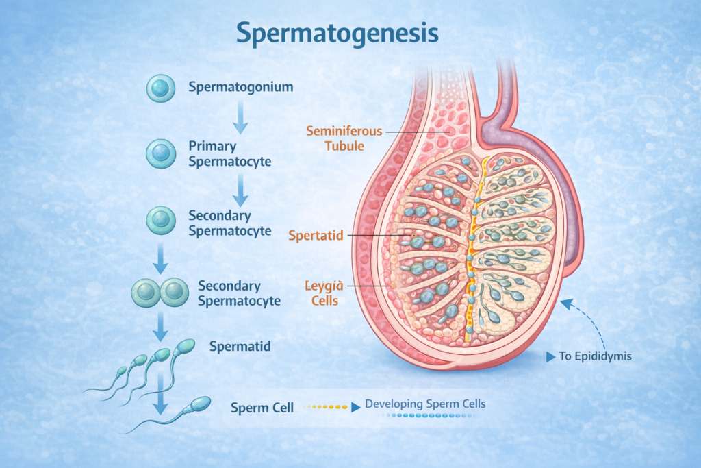 Simplified diagram of spermatogenesis showing stages of sperm development in the testis