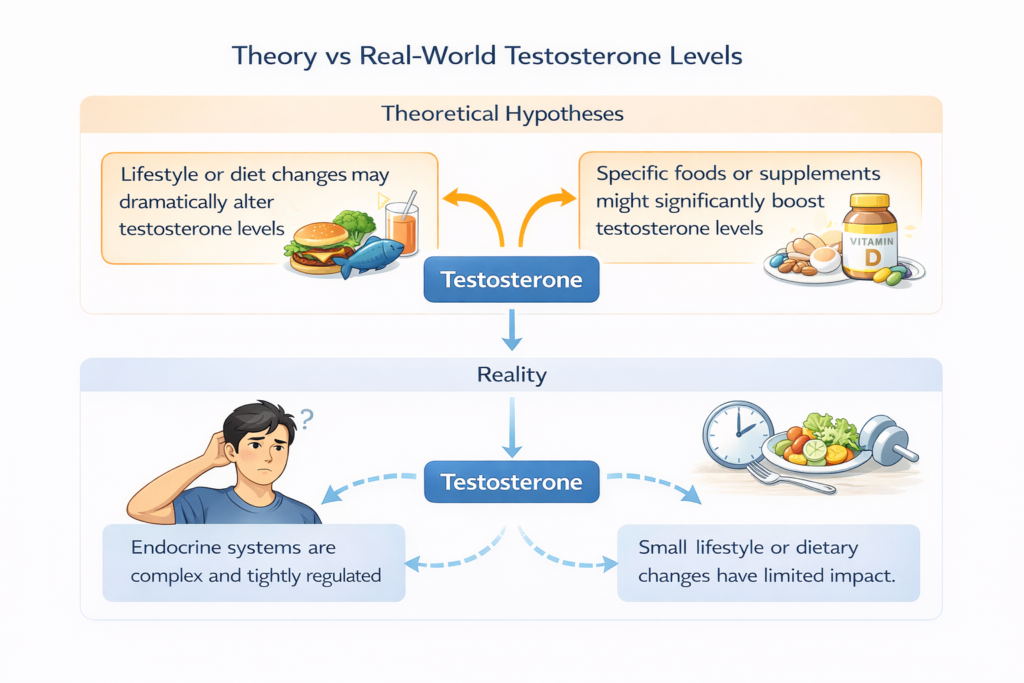 Comparison between theoretical assumptions about testosterone changes and real-world physiological hormonal regulation