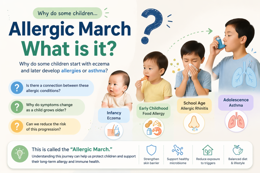 child with eczema and older child with allergy symptoms showing progression of allergic diseases across life stages