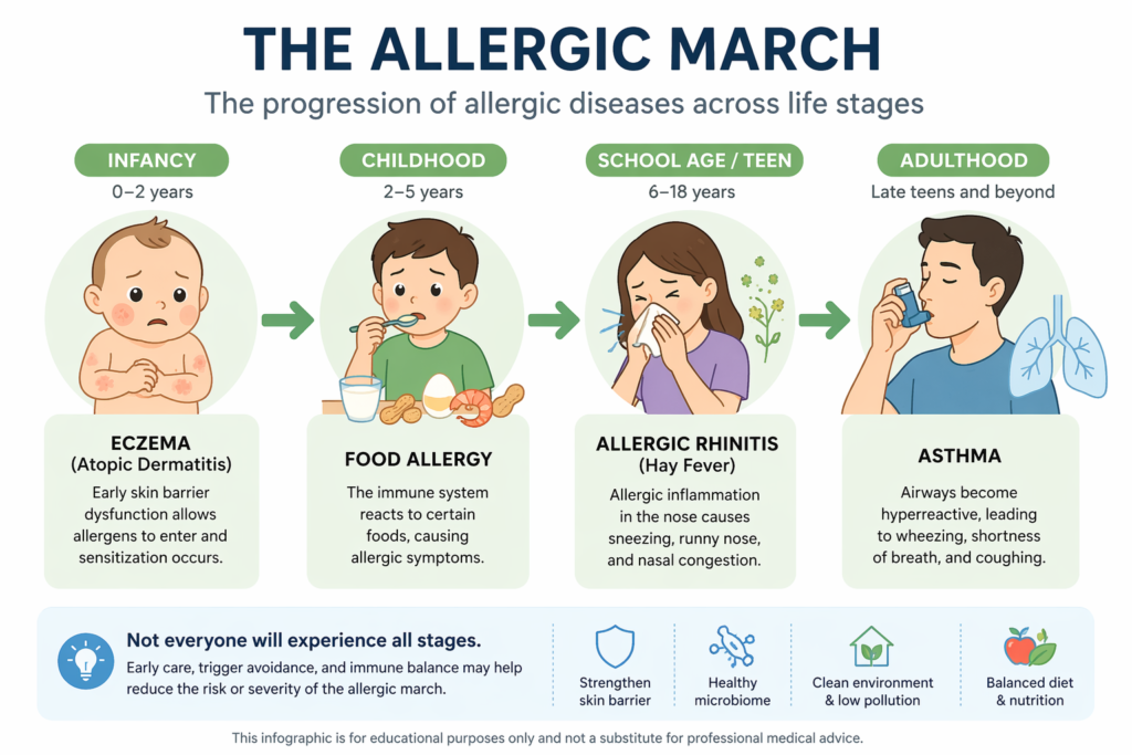 allergic march timeline from eczema to asthma across different life stages