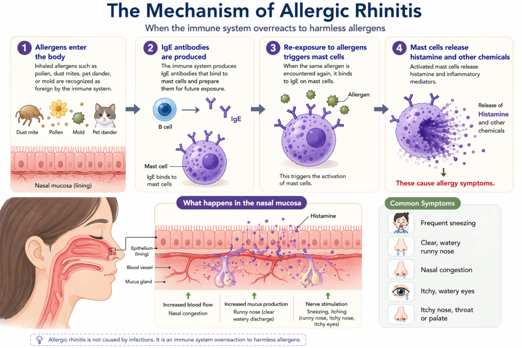 allergic rhinitis mechanism IgE mast cell histamine pathway diagram showing immune response to allergens