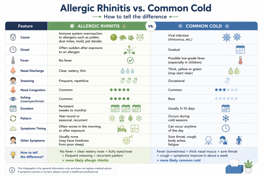 allergic rhinitis vs common cold comparison chart showing differences in symptoms causes duration and fever