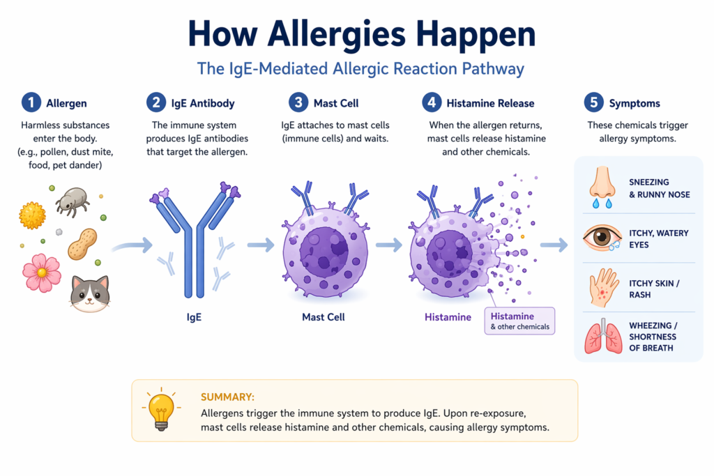 allergy mechanism IgE mast cell histamine pathway diagram