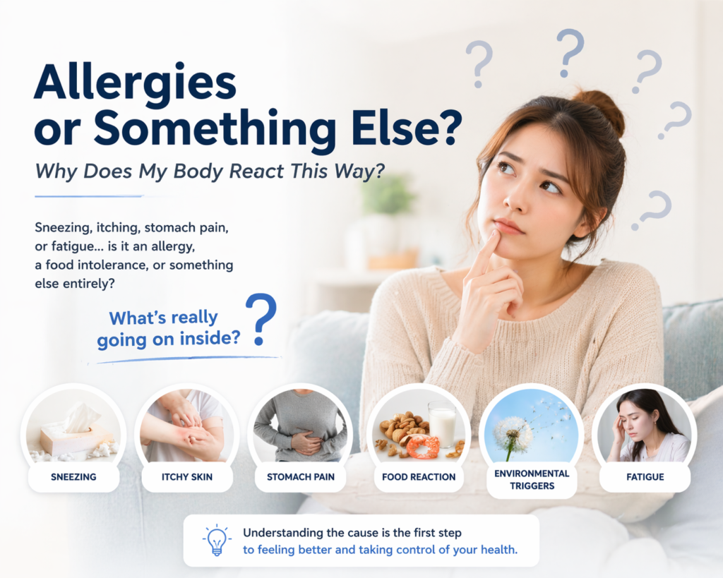 person wondering if symptoms are allergy or food intolerance question concept