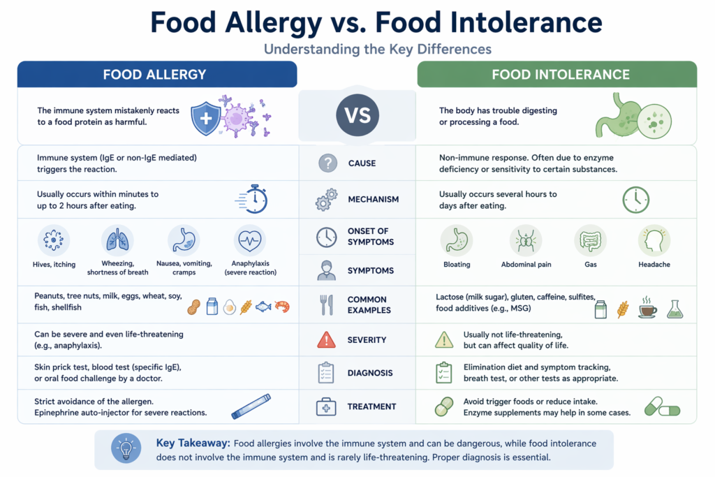 difference between food allergy and food intolerance comparison diagram