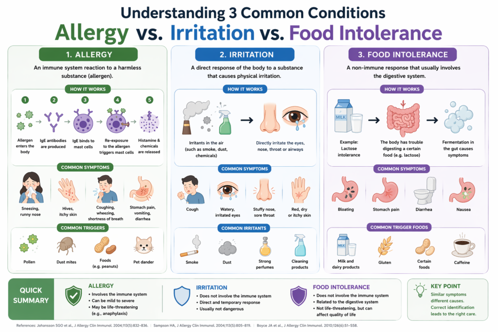 comparison diagram of allergy irritation and food intolerance mechanisms