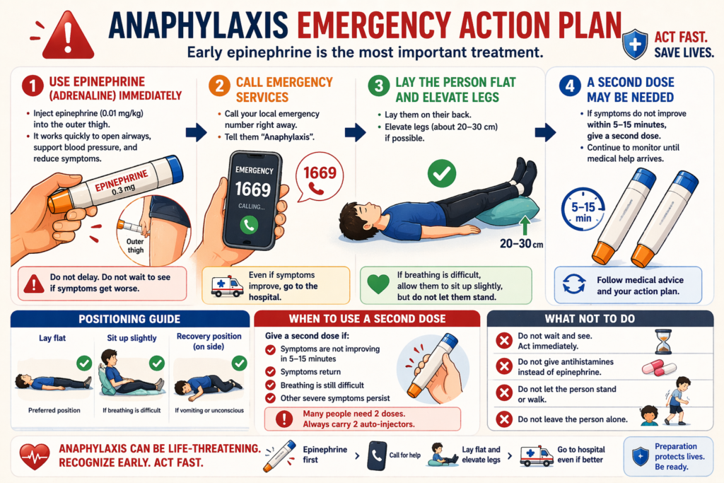 anaphylaxis emergency steps epinephrine call emergency lie flat
