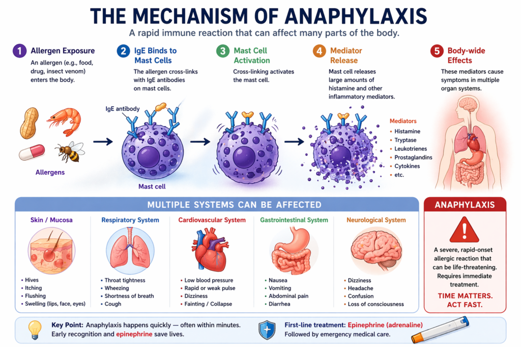 anaphylaxis mechanism diagram allergen mast cell histamine release airway swelling hypotension