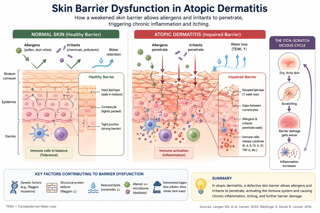 atopic dermatitis skin barrier dysfunction diagram comparing normal skin and impaired barrier with allergen penetration inflammation and water loss