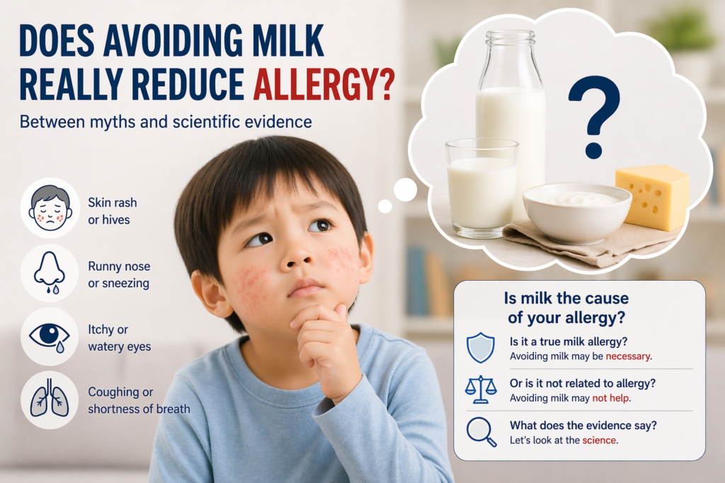 child with allergy symptoms questioning whether milk causes allergy