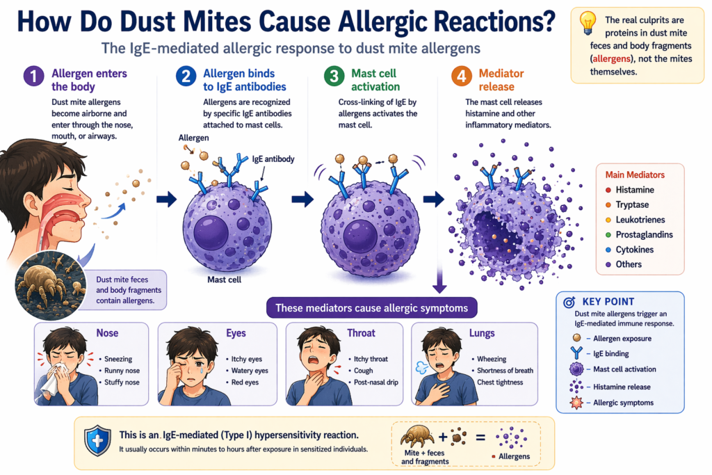 dust mite allergen IgE mast cell histamine allergic reaction diagram