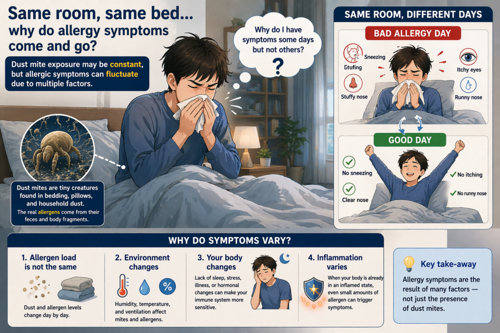 person sneezing in bed wondering why dust mite allergy symptoms vary day to day