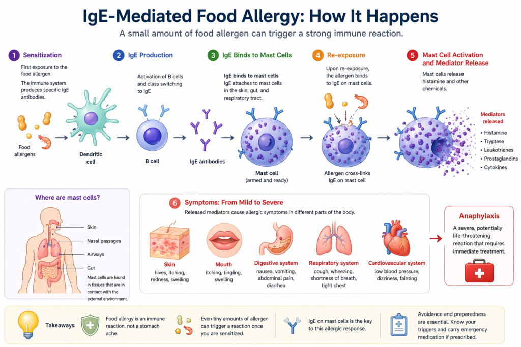 food allergy IgE mast cell histamine mechanism diagram showing immune response to food allergens