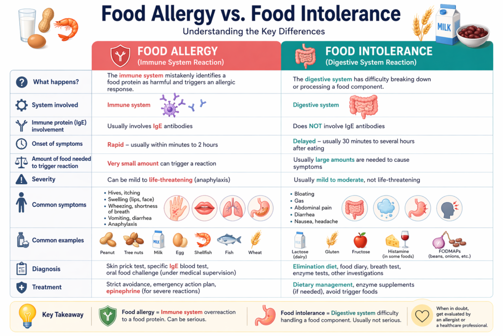 food allergy vs food intolerance comparison chart showing immune vs digestive response differences